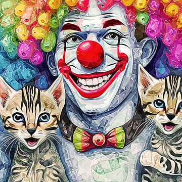 Lachende clown met 2 kittens (kunst) van Art by Jeronimo