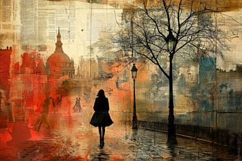 Graffiti geïnspireerd, olieverfschilderij, collage, mixed media, zonsondergang in de stad