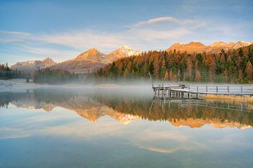 Lake Stazer in Engadine in Switzerland just before sunrise
