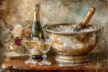 Champagner-Stillleben - Champagner und Blumen auf dem Tisch