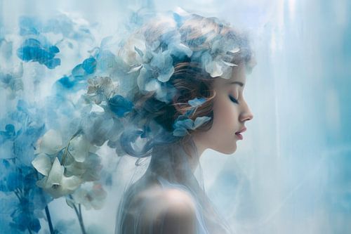 Dromerig Portret met Bloemen – Romantisch en Etherisch Kunstwerk