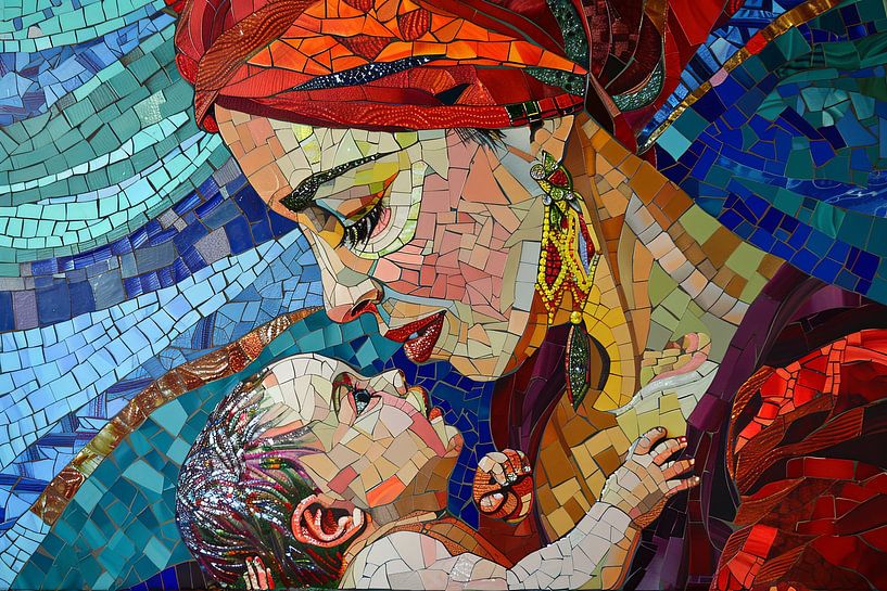 Digitaal abstract schilderachtig portret fictieve vrouw en kind van Egon Zitter