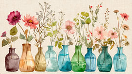 Botanisch Stilleven: Rij vaasjes met bloemen in zachte kleuren