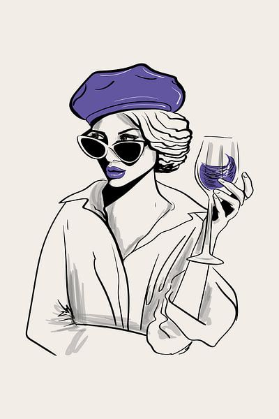 Purple Wine Woman Poster – Minimalist Illustration – Fashion and Wine Art – Modern Home Bar Decor by Marian Nieuwenhuis