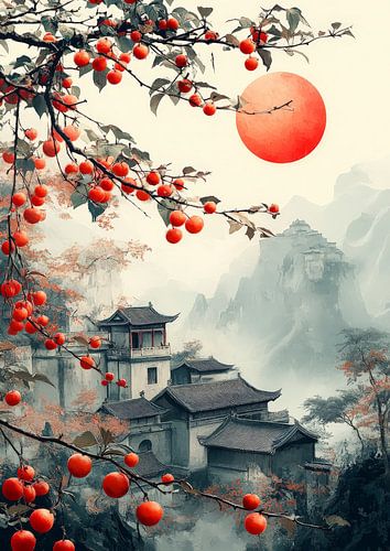 Asiatisches Dorf mit roter Sonne und Früchten