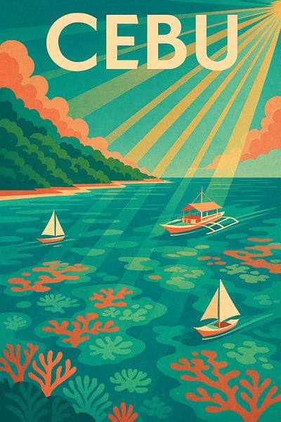 Cebu Vintage Travel Poster - Tropische Küstenlinie &amp; Korallenriff Kunst von Travel Shop