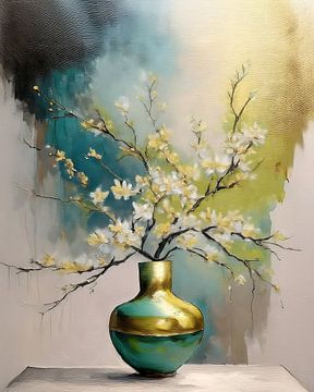 Japandi stilleven schilderij, Witte bloesem op vaas van Studio Pieternel