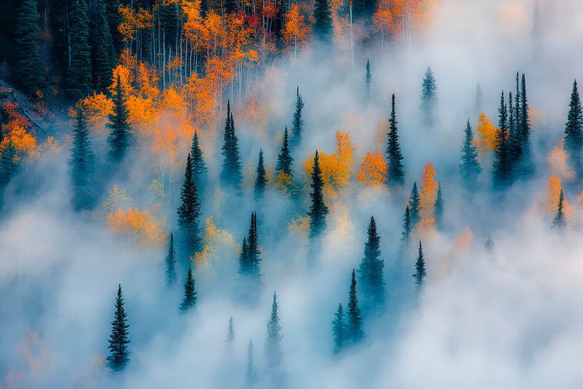 Autumn forest in the mist - colourful and mystical by Poster Art Shop