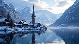 Winter Village by Lake with Mountain Range by Markus Gann