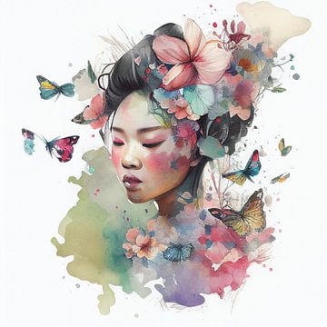 Watercolor Floral Asian Woman #6 by Chromatic Fusion Studio