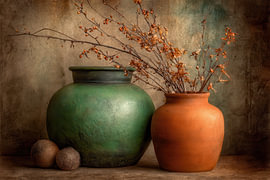 Grüne Vase – Ruhiges Stillleben mit Terrakotta von Joriali Fine Art