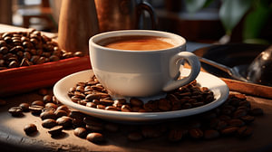 Kaffeetasse mit Kaffee Crema und Kaffeebohnen