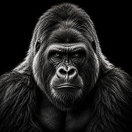 La force du gorille – Portrait d'animal en noir et blanc sur Elisabeth Rozenberg