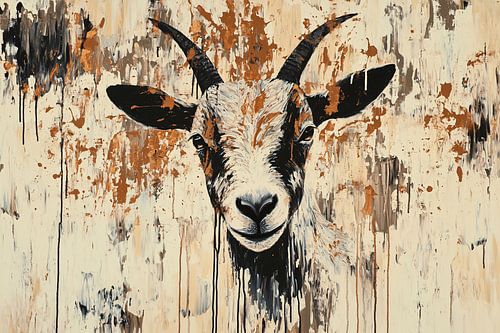 Abstract geitenportret met verfspatten