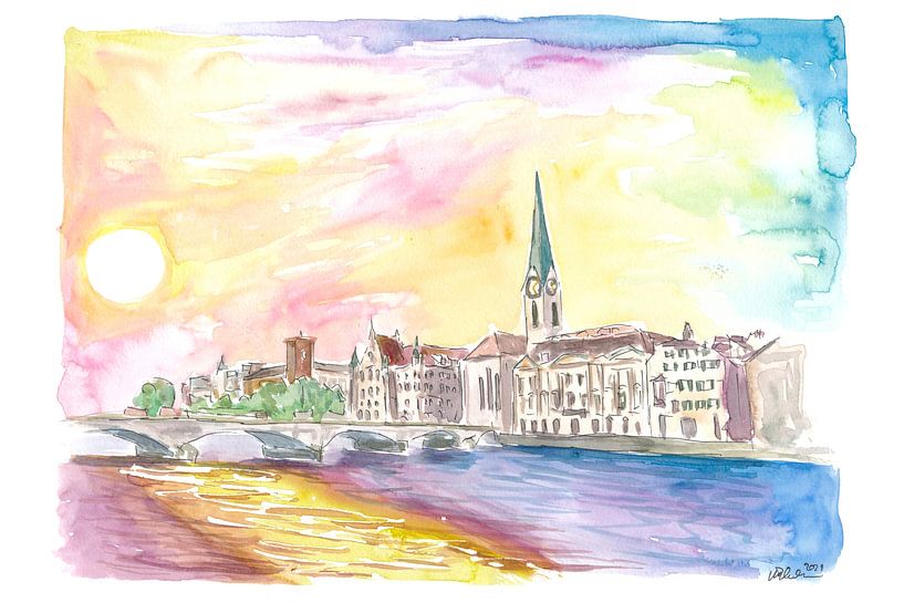 Zonsondergang over Zürich Zwitserland met Limmat rivier van Markus Bleichner