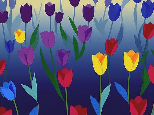 Modernes grafisches Kunstwerk mit farbenfrohen Tulpen von STUDIO ARTSY
