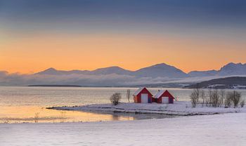Hiver avec des maisons rouges en Norvège