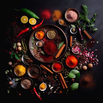 Various herbs and spices in a rustic picture