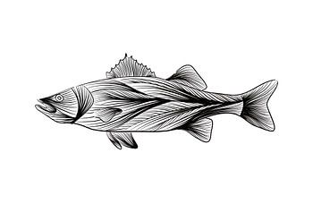 Poster Wolfsbarsch - Strichzeichnung - schwarz und weiß - Fisch - Illustration