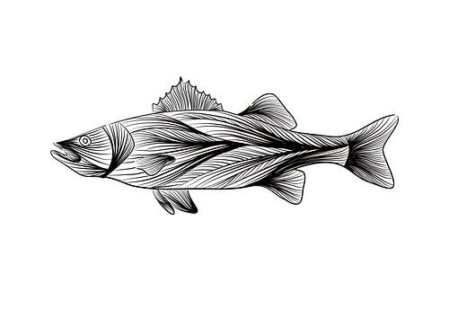 Poster Zeebaars - lijntekening - zwart wit - vis - illustratie