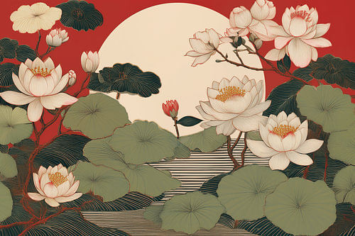 Elegante Lotusblumen in einer stimmungsvollen orientalischen Landschaft