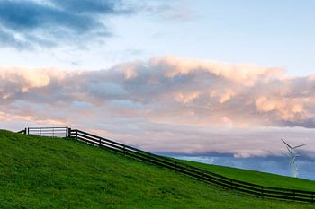 Polderlandschaft mit Zaun und Windkraftanlagen