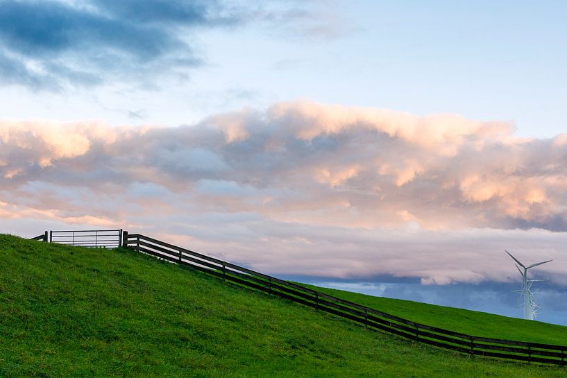 Polderlandschap met hek en windturbines van Haarms