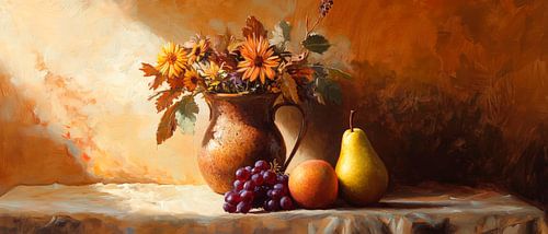 Bloemen en fruit in het zonlicht - Stilleven