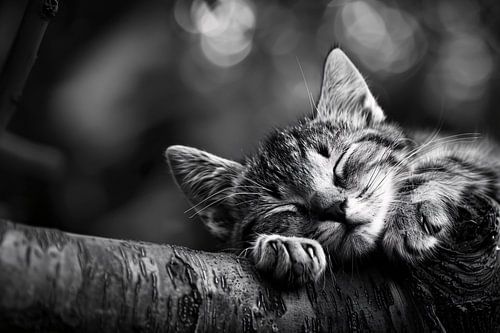 Slapende kitten op boomtak