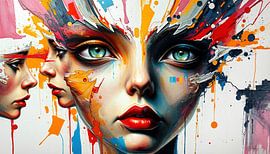 Between turmoil and enraptured beauty: the face of a woman with red lips and green eyes, from which a second head meets a mirrored twin - a surreal dialogue of colour and soul by AidasignArt