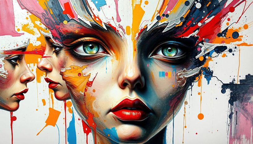 Tussen onrust en verrukte schoonheid: het gezicht van een vrouw met rode lippen en groene ogen, waaruit een tweede hoofd een gespiegelde tweelingzus ontmoet - een surrealistische dialoog van kleur en ziel van AidasignArt