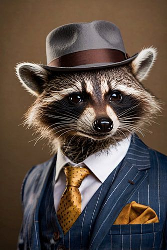 Wasbeer in pak met hoed