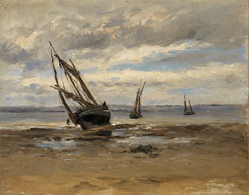 Carlos de Haes-Landschap van gestrande boot aan zee, Antiek landschap