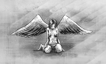 Gevallen engel - digitaal artwork in grijs tinten van Emiel de Lange