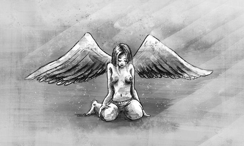 Ange déchu - œuvre d&#039;art numérique en nuances de gris par Emiel de Lange