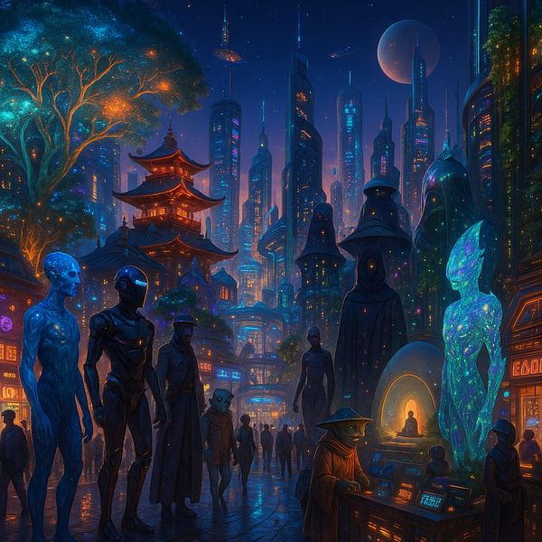 Futuristische Stad met Aliens en Robots van Kleurenrijk