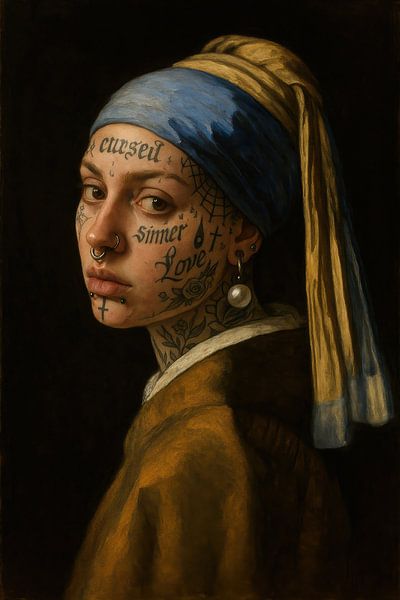 Girl with modern pearl earrings and tattoos by Poster Art Shop