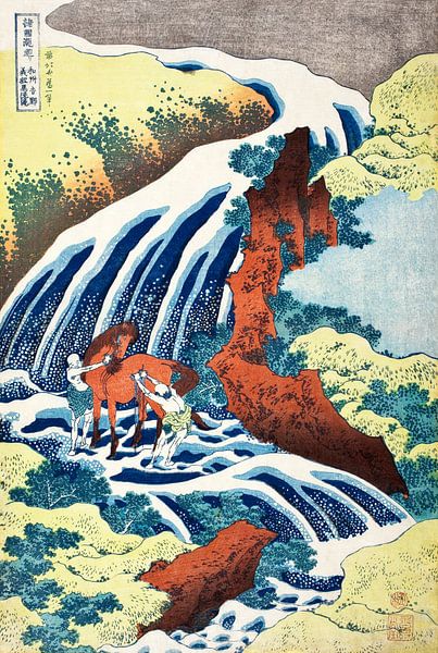 Katsushika Hokusai - Der Yoshitsune-Pferdewasserfall bei Yoshino, Provinz Izumi (um 1830) | Ein legendärer Moment inmitten der majestätischen Wasserfälle Japans von Timeless Artworks
