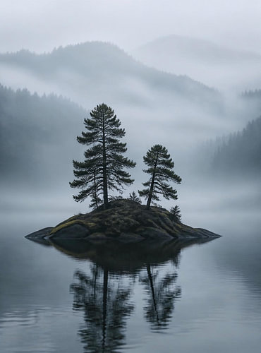 Insel der Stille: Nordische Berglandschaft im Morgennebel