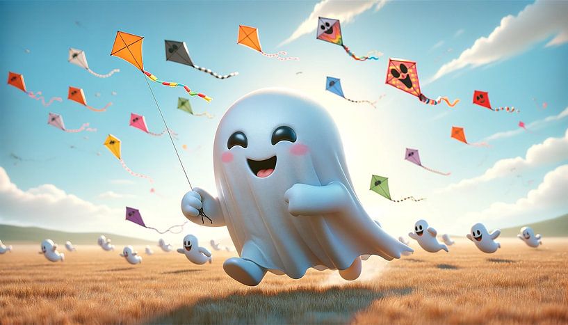 Fröhliche Geisterfamilie lässt bunte Drachen steigen von artefacti