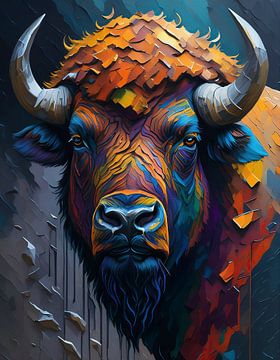 Kleurrijk digitaal portet van een bizon van John van den Heuvel
