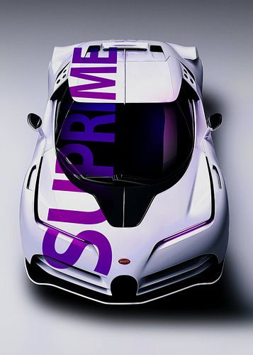 Witte Bugatti Bolide met paars Supreme logo