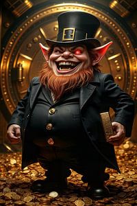 Fantasy Wall Art: BANK VAULT GOBLIN – A goblin showing off his gold inside a bank vault