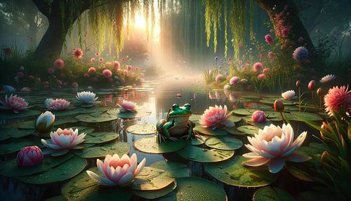 Enchanted frog in the lily garden of light