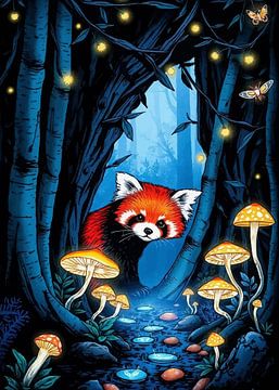 Panda rouge lumineux en forêt néon - Fantaisie vibrante sur MIROKKU