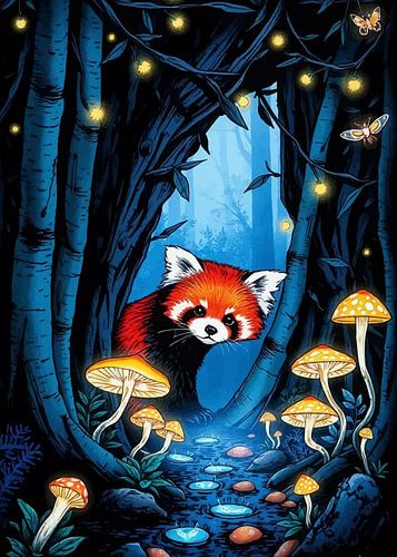 Lichtgevende rode panda in Neon Forest - Levendige fantasie