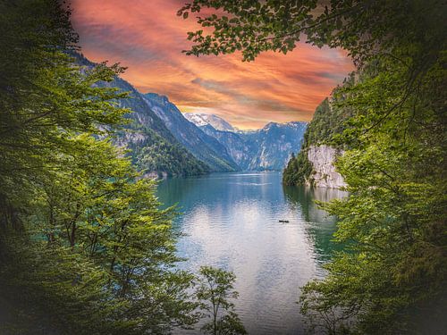 Uitzicht vanaf de Malerwinkel bij Königssee bij zonsondergang