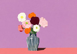 A bouquet of flowers in a black-and-white striped vase against a purple background by Niklas Maximilian