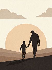 “Father and Child Sunset Walk — Minimalist Silhouette Wall Art” by taufid hidayat