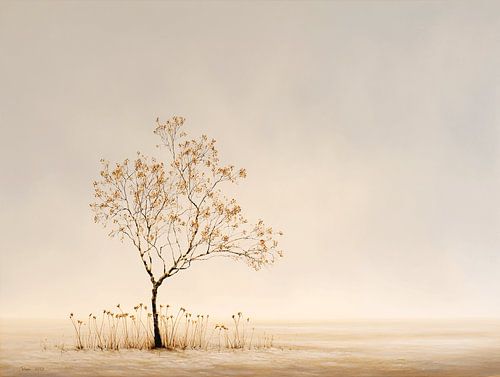 Allein im Nebel | Minimalistischer Baum als ruhige Wanddekoration